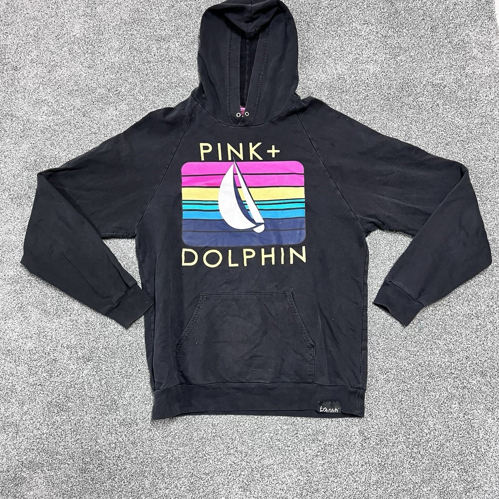 Pink Dolphin Mens Large Black Pullover Hoodie Graphic Sailboat Streetwear